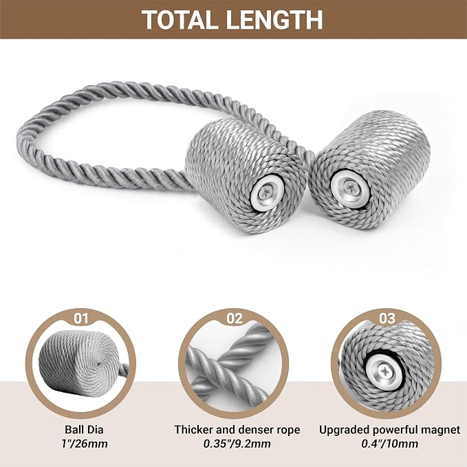 Hion Magnetic Curtain Tiebacks Grey 6 Pack, Curtain Tiebacks Buckles Holdbacks - Image 2