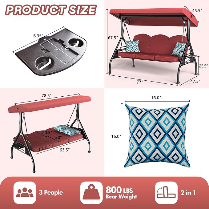 3 Seat Outdoor Porch Patio Swing - Image 7