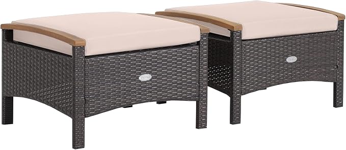 Tangkula 2 Piece Patio Rattan Ottomans, Outdoor Wicker Footstool w/Acacia Wood by TANGKULA