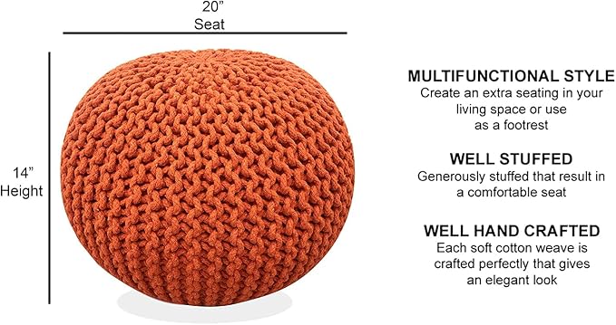 FRELISH DECOR Round Pouf Ottoman Hand Knitted 100% Cotton Pouf Foot Stool - Image 3