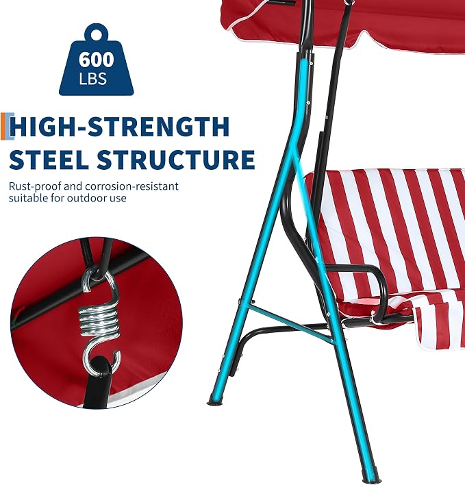 Outdoor Porch Swing Chair with Adjustable Canopy & Striped Seat Cushion - Image 3