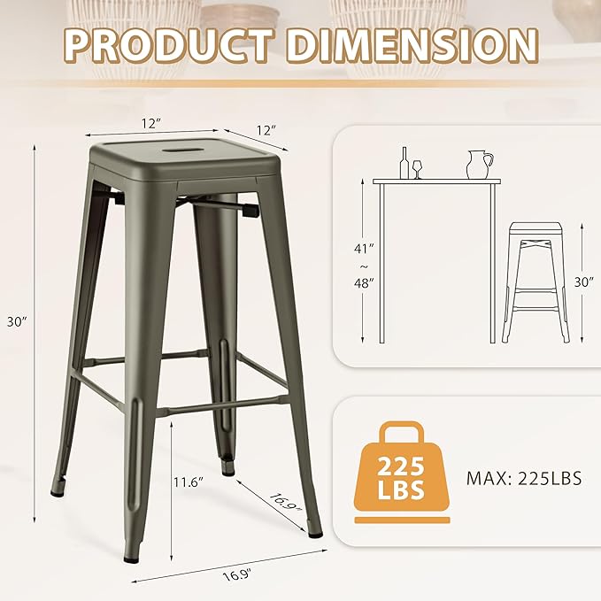 Furmax 30 Inch Metal Bar Stools Set of 4, Counter Height Backless Stools - Image 3