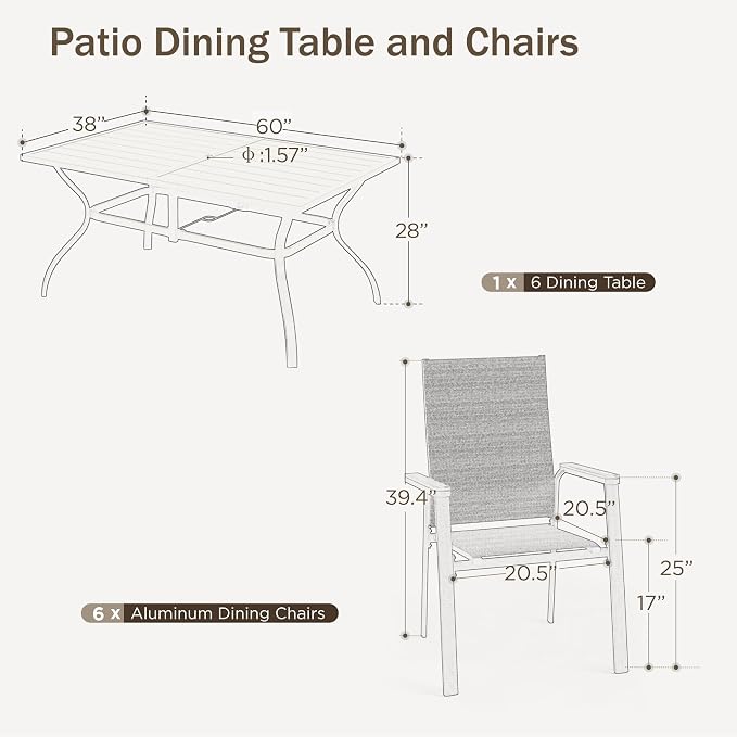 PHI VILLA Patio Dining Set for 6, Large Metal Dining Table - Image 7