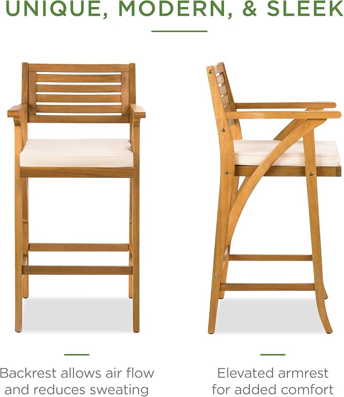 Best Choice Products Set of 2 Outdoor Acacia Wood Bar Stools Bar Chairs - Image 4