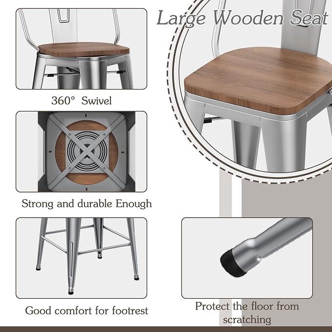 Alunaune 26" Swivel Metal Bar Stools Set of 4 High Back Counter Height - Image 7
