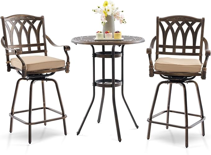 3 Piece Swivel Outdoor Table and Chairs Bar Set, All-Weather Cast Aluminum by Attliasalon