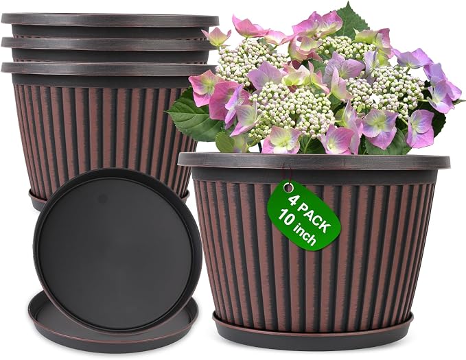 Planter-Pots-for-Plants-Indoor-Outdoor, 4 Pack 10 Inch Plastic Flower Pots by Myfeegoin
