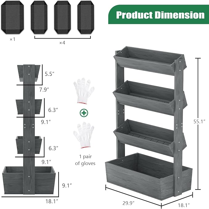 SUNYRISY 4 Tiers Vertical Raised Garden Bed Outdoor Planter Tower, Wooden - Image 3
