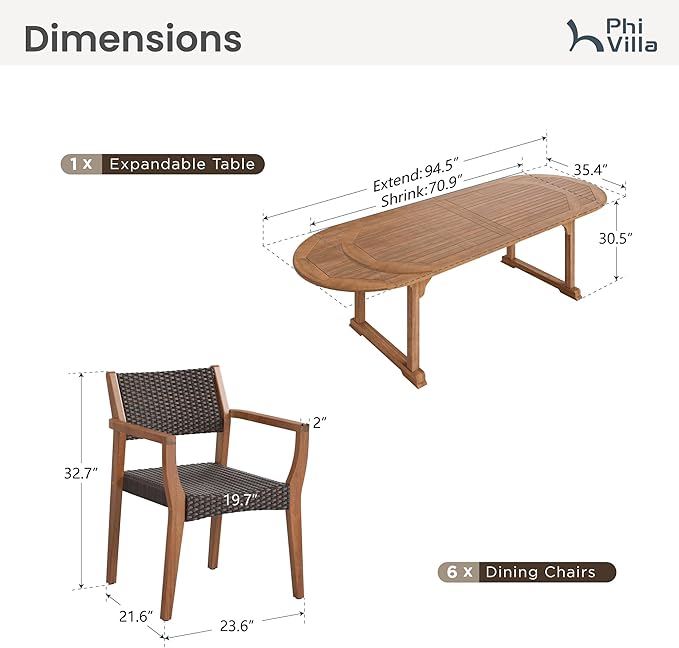PHI VILLA 7 Pieces Acacia Wood Outdoor Dining Set - Image 9