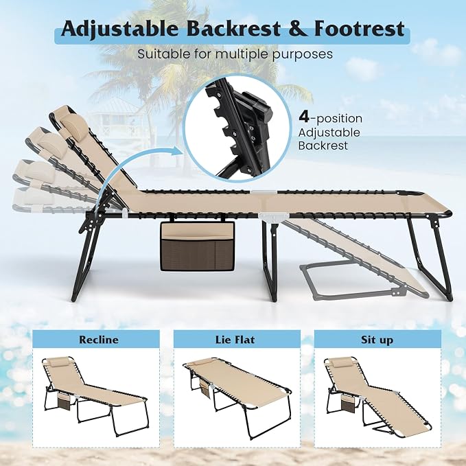 GYMAX Lounge Chair for Outside, 440lbs 27” Oversize Folding Beach Tanning - Image 5
