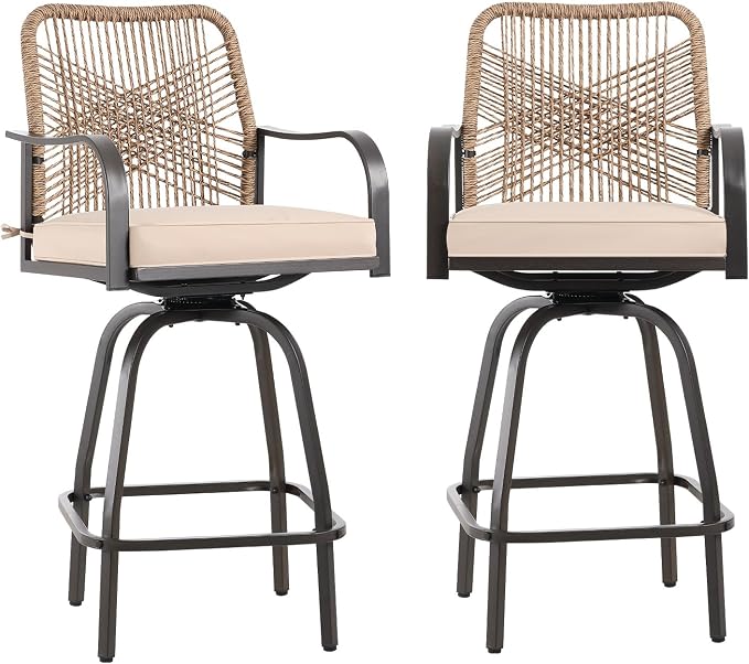 Patio Swivel Bar Stools Set of 2, Outdoor Rattan Height Bar Patio Swivel Chairs - Image 3