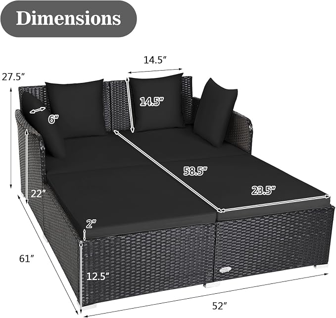 HAPPYGRILL Patio Rattan Daybed Outdoor Loveseat Sofa Set - Image 3