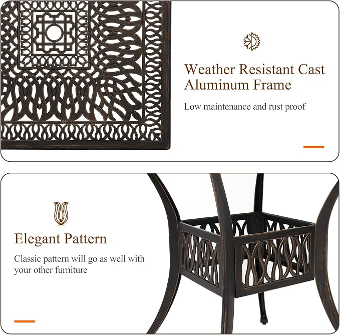 VINGLI Patio Dining Table with Umbrella Hole, Cast Aluminum Outdoor Bistro - Image 4