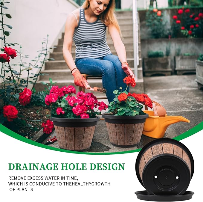 Quarut Large 4 Pack 14 inch Plant Pots, Whiskey Barrel Planters - Image 2