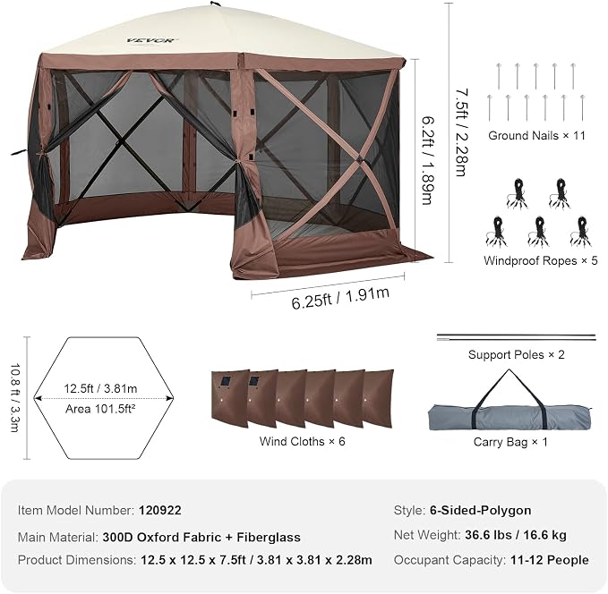 VEVOR Pop Up Gazebo Screen Tent 6 Sided Canopy Sun Shelter - Image 8