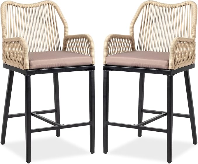 VINGLI Outdoor Counter Height Bar Stools Set of 2, Rattan Outdoor Barstools by VINGLI