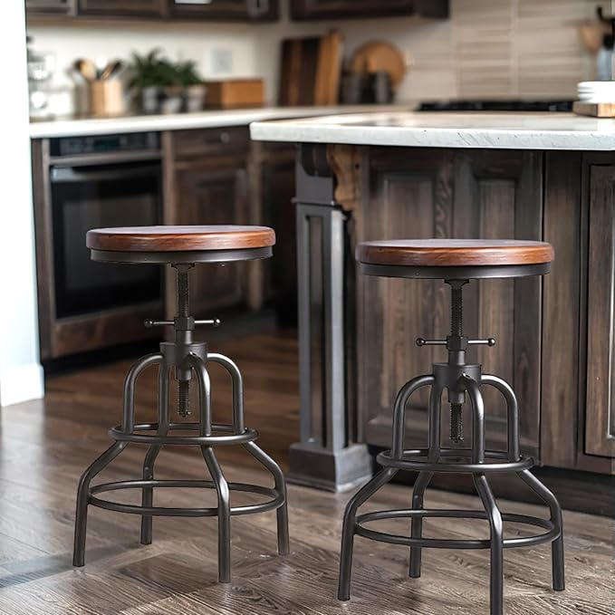 LOKKHAN Vintage Industrial Bar Stool-Rustic Swivel Barstools-Round Wood Metal - Image 2