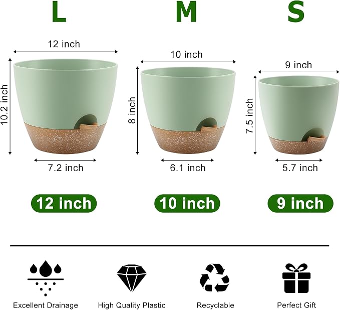 Plant Pots 12/10/9 Inch Self Watering Pots, Plastic Flower Pots, Nursery - Image 3