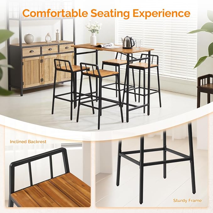 VINGLI 5 Pieces Outdoor Patio Bar Set, Acacia Wood Outdoor Dining Set Patio - Image 5