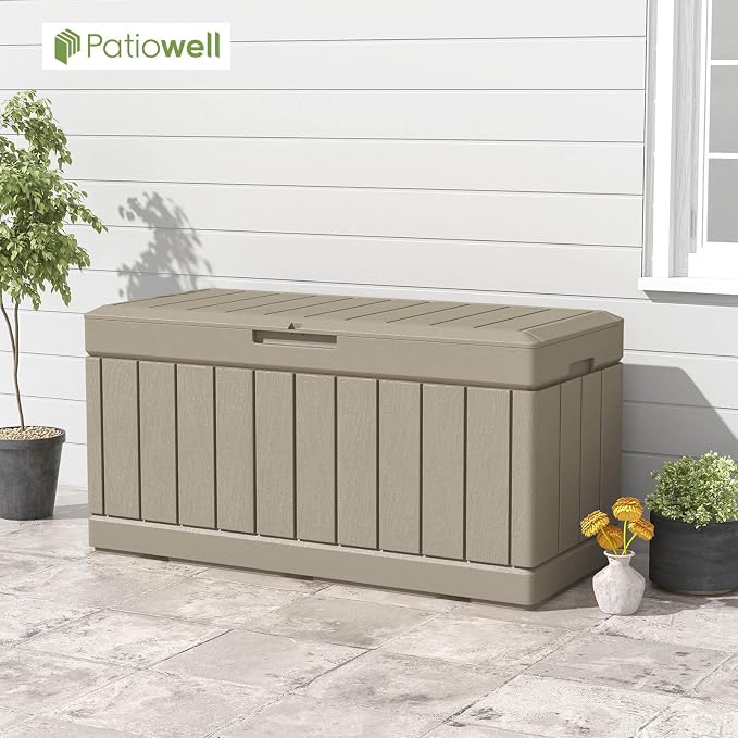 Patiowell 82 Gallon Resin Deck Box, Waterproof Large Wood Look Storage Box - Image 8