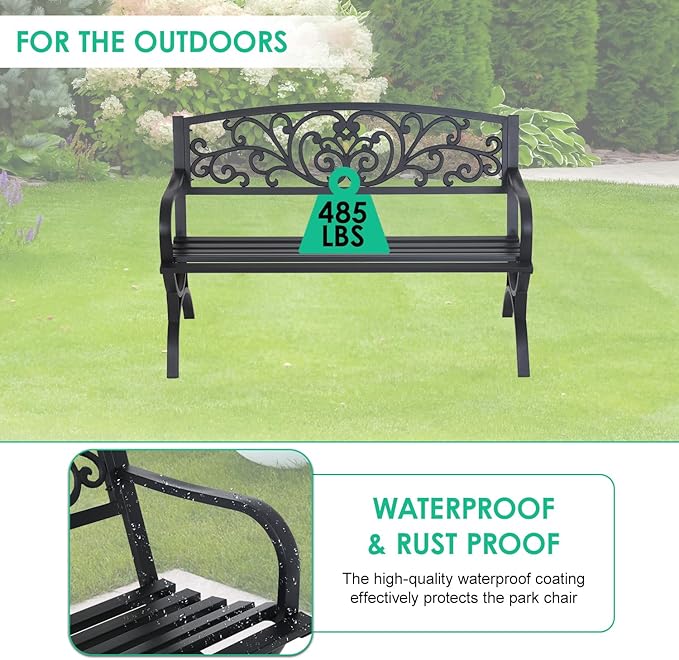 FDW Outdoor 50 Inches Garden Bench, Slatted Seat Armrests Floral Design Backres - Image 6