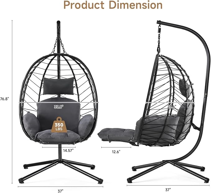 ONBRILL Hanging Egg Chair with Adjustable Footrest & Stand, Wicker Rattan Swing - Image 8