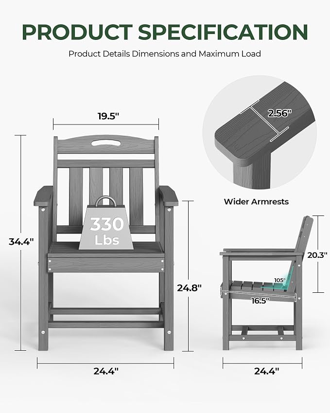 Patio Chairs Set of 2, HDPE Outdoor Dining Chairs - Image 3
