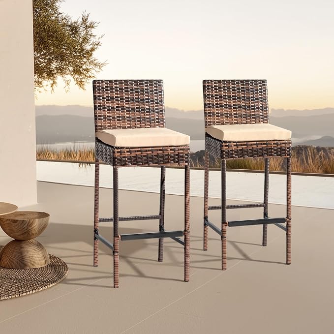 VINGLI Outdoor Wicker Bar Stool Set of 2, Patio Bar Stools w/Cushion, Bar - Image 7