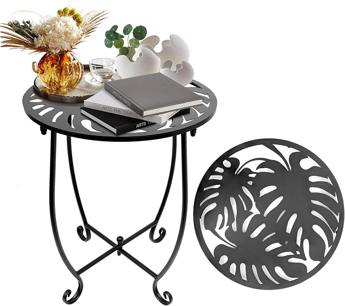 Outdoor Side Table for Small Spaces, Versatile 14 Inch Round Metal End Table by Plant+Castle