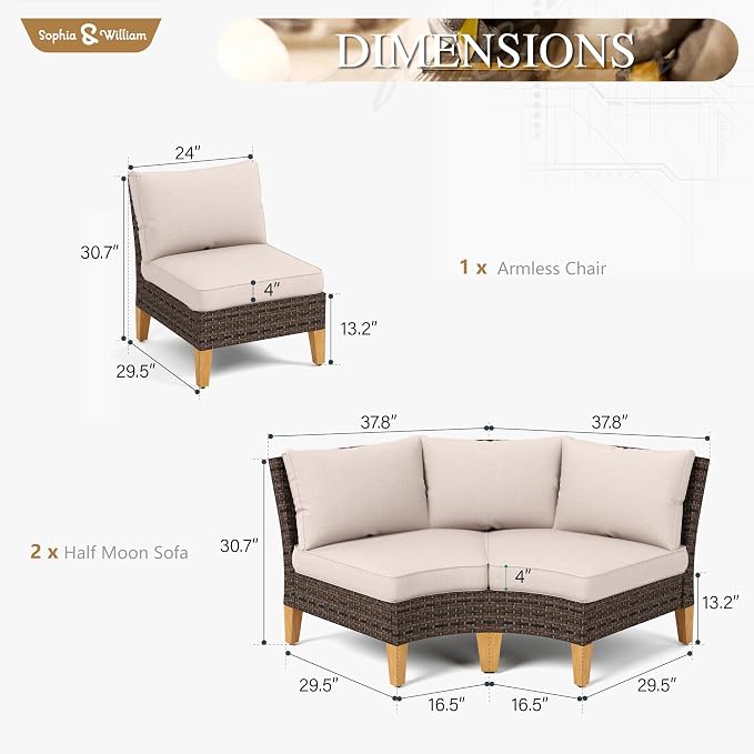 Sophia & William Patio Furniture Set, 5 Piece Half Moon Outdoor Wicker - Image 7