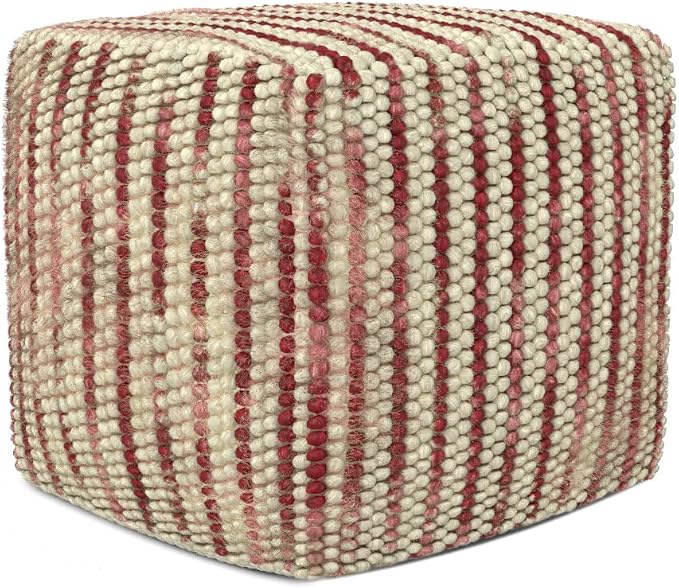 SIMPLIHOME Zoey Boho Cube Woven Pouf in Maroon Cotton and Wool by SimpliHome