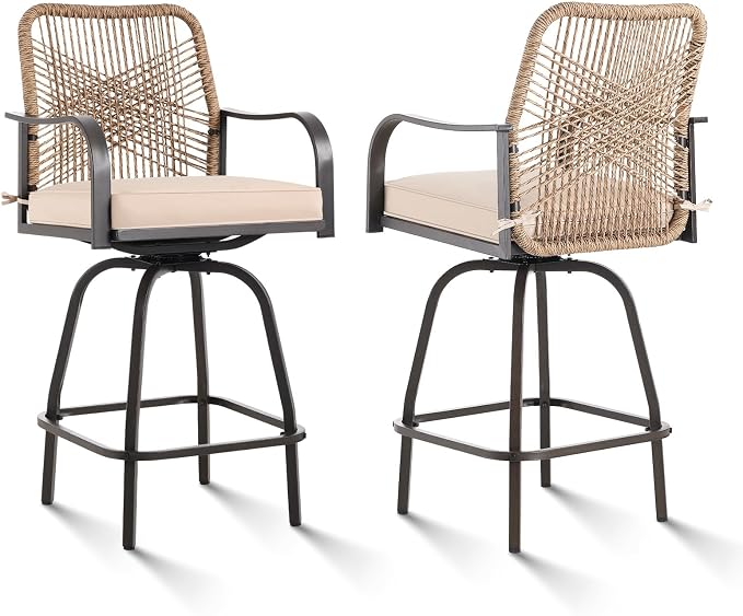 Outdoor Bar Stools Set of 2, 360° Swivel Metal Frame, Wicker Patio Bar Height by GOOGIC