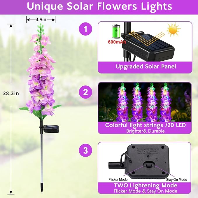 Solar Garden Lights, Solar Purple Delphinium Flowers Lights 8 Pack 160 LEDs - Image 2