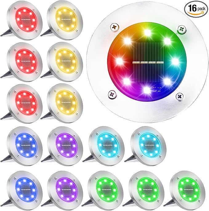 LYHOPE Solar Ground Light Outdoor, 16 Pack 8 LED Color Changing Solar Disk by LYHOPE
