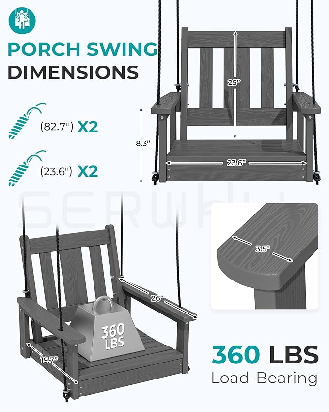 SERWALL HDPE Single Porch Swing, Heavy Duty Single Person Swing Chair - Image 2