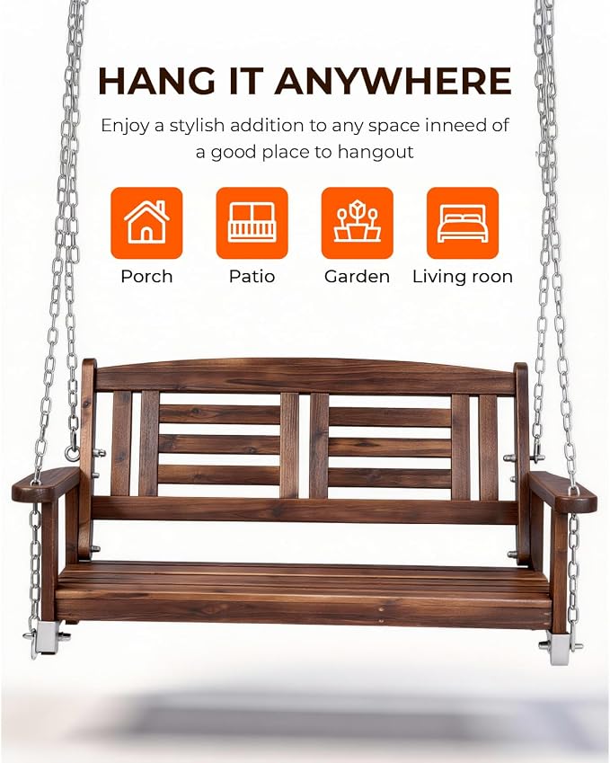 Outvita Wooden Porch Swing, Outdoor Patio Swing, Room 600 lbs Capacity Fir Wood - Image 7