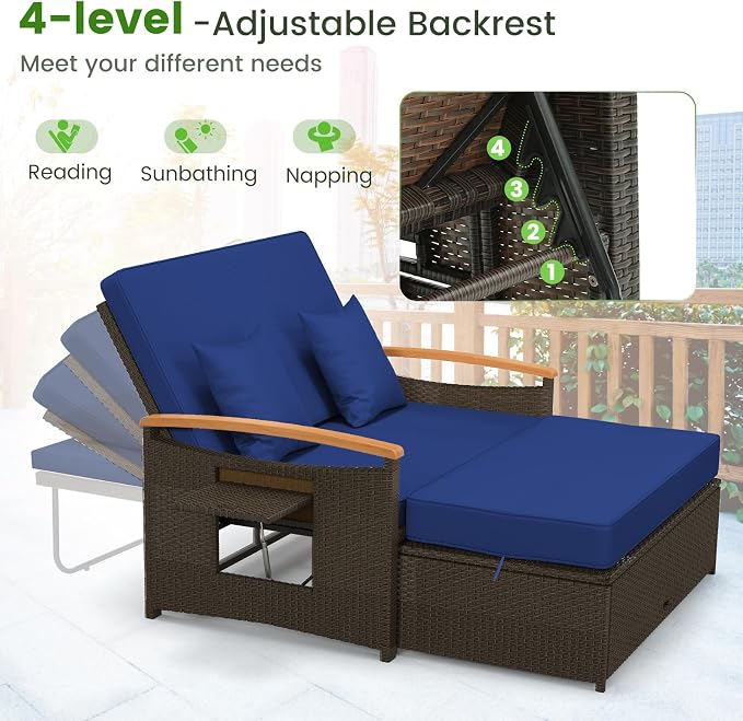 LDAILY Moccha Outdoor Wicker Daybed, Patio Rattan Loveseat Sofa w/ 4-Level - Image 5