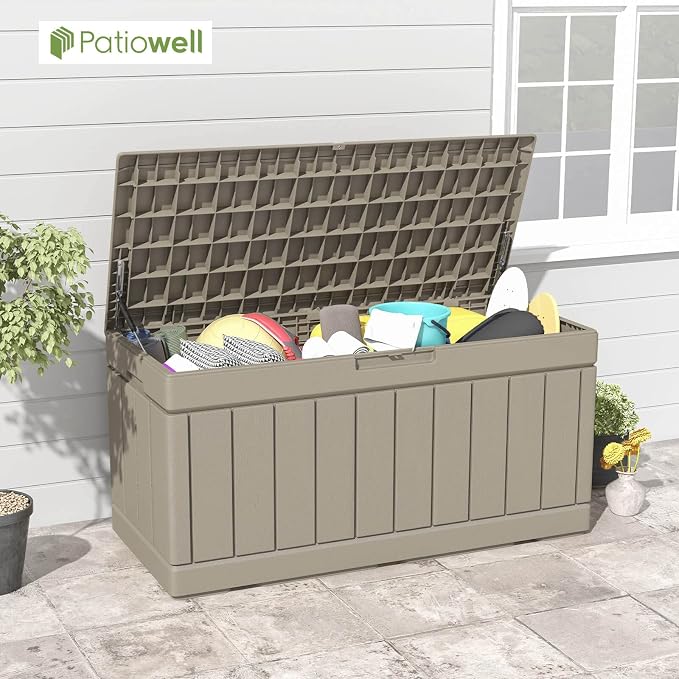 Patiowell 82 Gallon Resin Deck Box, Waterproof Large Wood Look Storage Box - Image 2