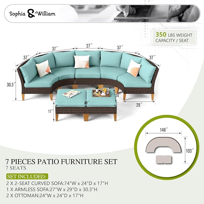 Sophia & William Outdoor Wicker Sectional Sofa Set, 7 Piece Half Moon Curved - Image 7
