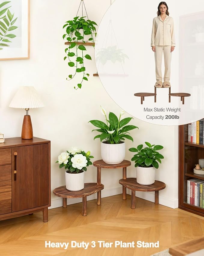 Convex Corner Plant Stand Indoor Outdoor, Wood Adjustable Plant Shelf, Long - Image 5