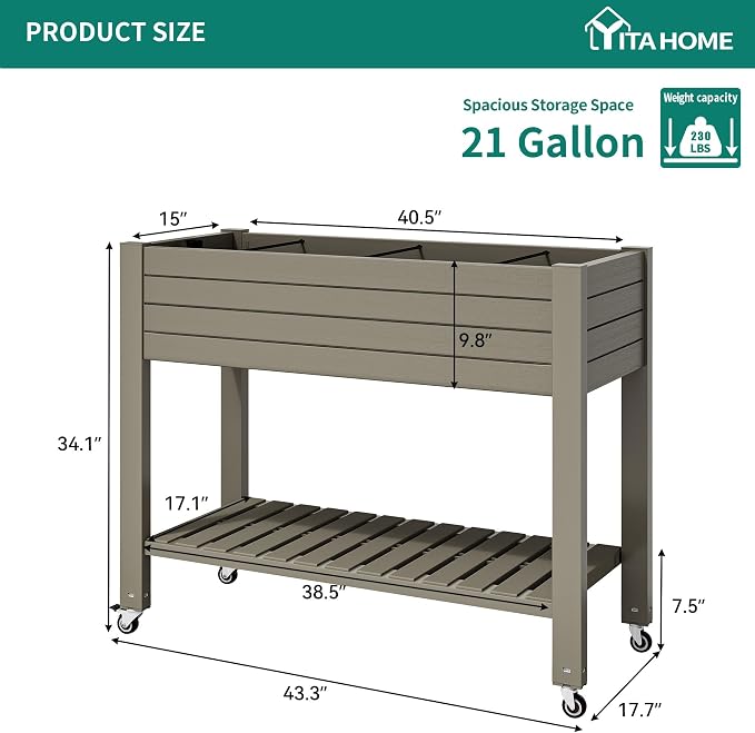 YITAHOME 43.3x17.7x34 in Elevated Garden Bed, Outdoor Plastic Planter Box - Image 6