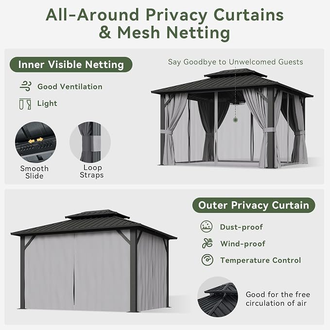 Aoxun 10'x12' Hardtop Gazebo, Aluminum Frame Canopy - Image 3