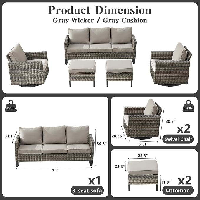 Belord Wicker Patio Furniture 5 Piece Outdoor Sofa Set, Oversize Outdoor Swivel - Image 3