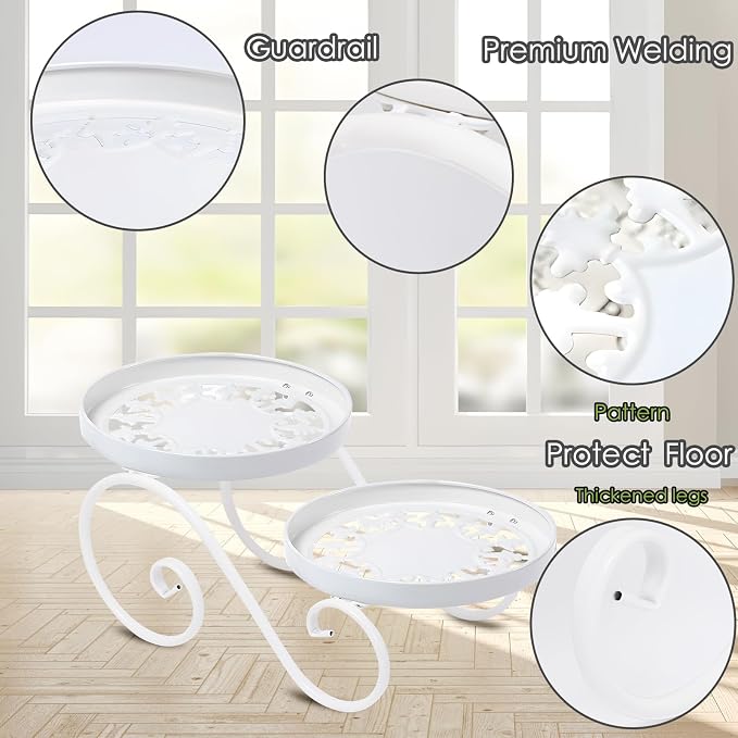 2 Tier White Plant Stand, Metal Flower Stand Indoor Outdoor, Anti-Rust Iron - Image 3