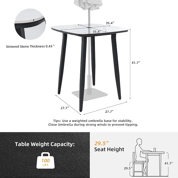 Modern 35.4'' Rounded Square Outdoor Bar Table, Greek White Marble-Inspired - Image 2