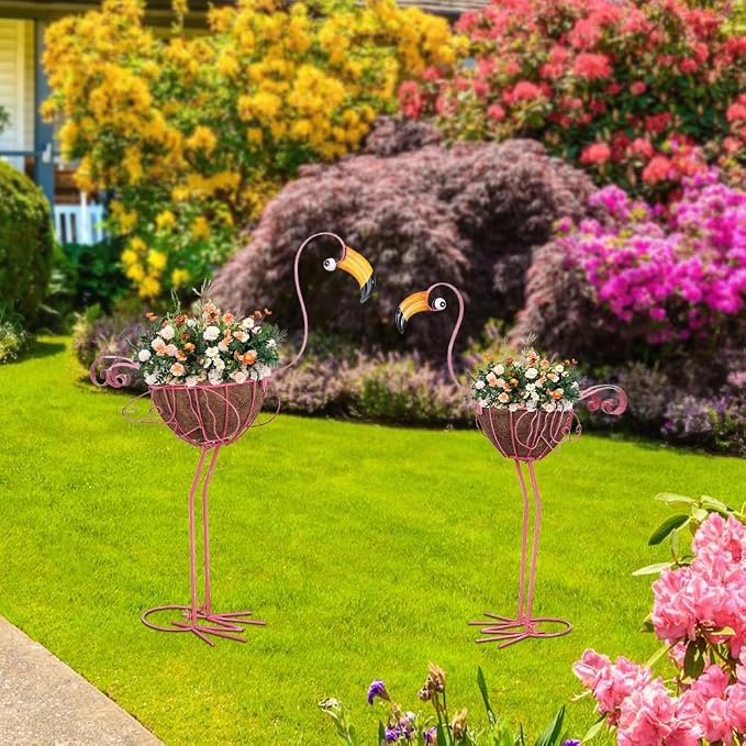 hogardeck Garden Decor for Outside, Metal Standing Flamingo Plant Pots Yard Art - Image 7