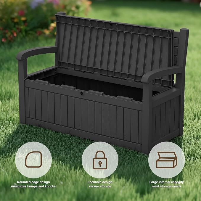 EasyUp 80 Gallon Wood Grain Style Outdoor Storage Bench, Waterproof and - Image 5