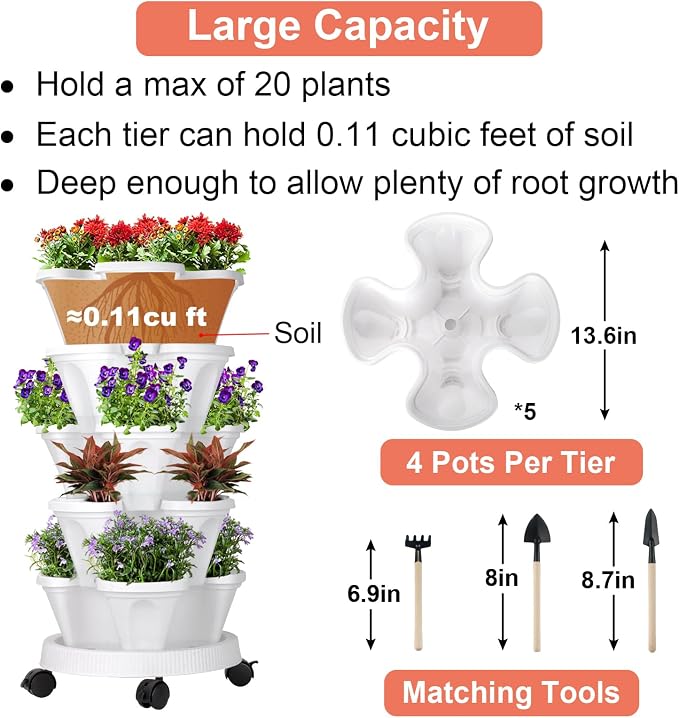 GameXcel Vertical Planter 5 Tier Stackable Planters Garden Planters Strawberry - Image 2