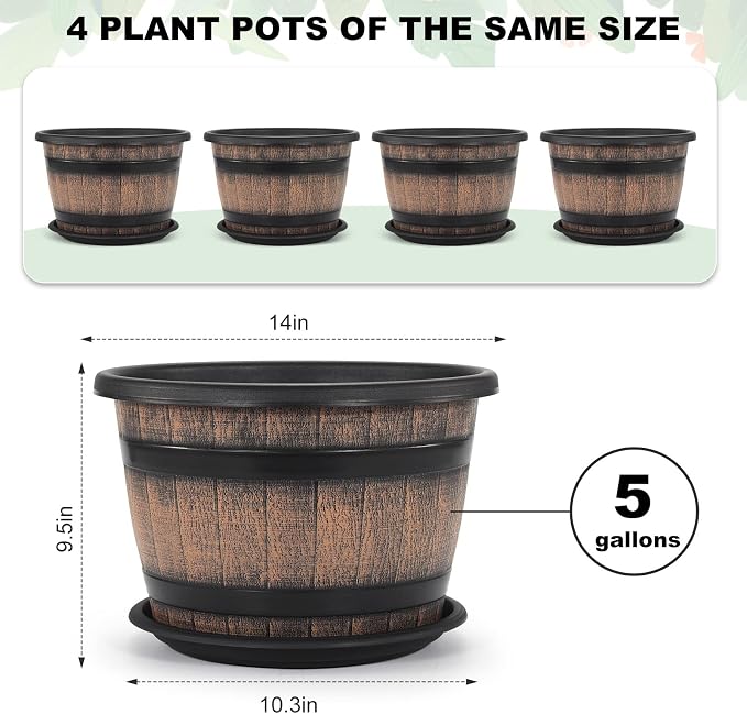 Quarut Large Plastic 4 Pack14 inch Plant Pots, Whiskey Barrel Planters - Image 2