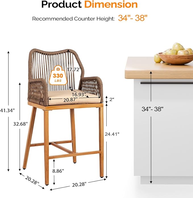 VINGLI Outdoor Counter Height Bar Stools Set of 2, Rattan Outdoor Barstools - Image 3